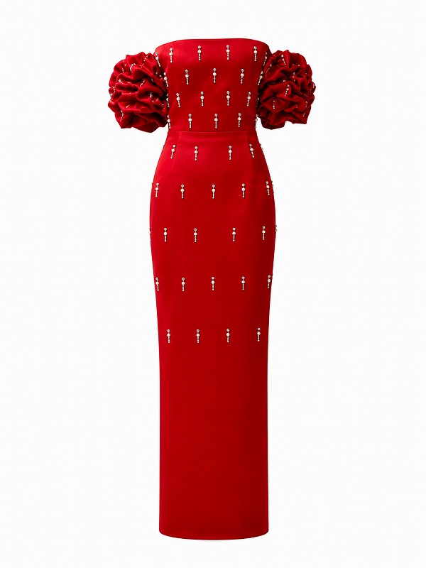 【新品DRESS 4826】オフショル×バルーンスリーブパールストレッチタイトロングドレス レッド
